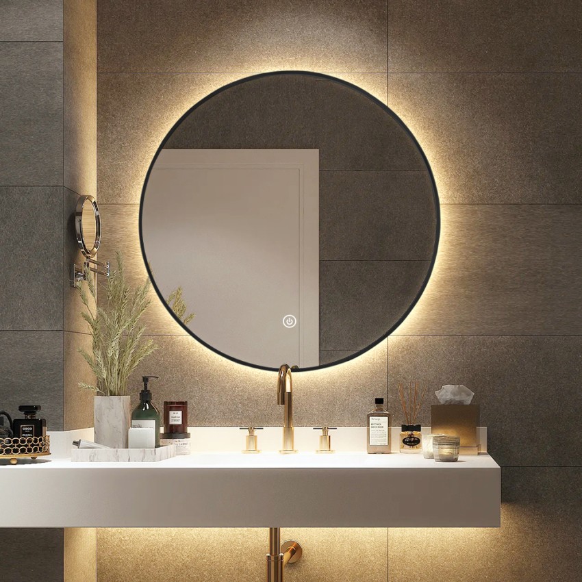 Ronde badkamerspiegel 70cm met LED-verlichting en zwart frame Laugarv L Aanbieding Ronde badkamerspiegel 70cm met LED-verlichting en zwart frame Laugarv L Aanbieding