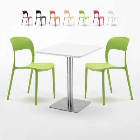 Vierkante tafel 60x60 cm Zwart onderstel en Witte top met 2 gekleurde stoelen Restaurant Hazelnut