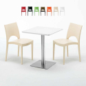 Vierkante tafel 60x60 cm Zwart onderstel en Witte top met 2 gekleurde stoelen Paris Hazelnut Verkoop
