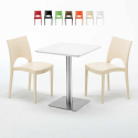 Vierkante tafel 60x60 cm zwarte poot en wit blad met 2 gekleurde stoelen Paris Hazelnut Verkoop