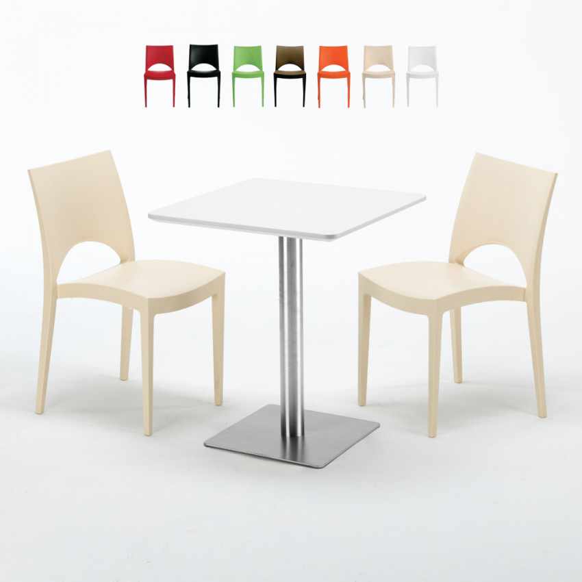 Vierkante tafel 60x60 cm zwarte poot en wit blad met 2 gekleurde stoelen Paris Hazelnut Verkoop Vierkante tafel 60x60 cm zwarte poot en wit blad met 2 gekleurde stoelen Paris Hazelnut Verkoop