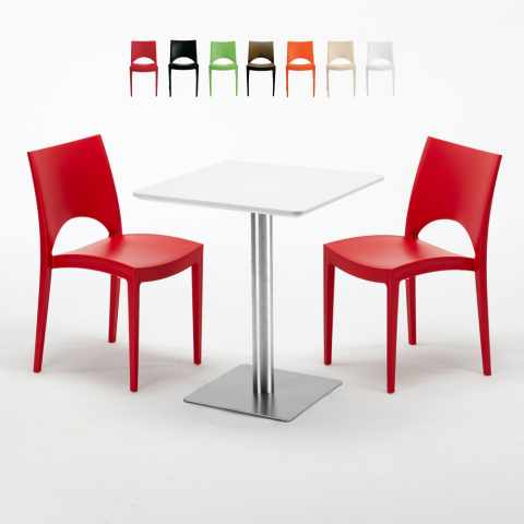 Vierkante tafel 60x60 cm Zwart onderstel en Witte top met 2 gekleurde stoelen Paris Hazelnut