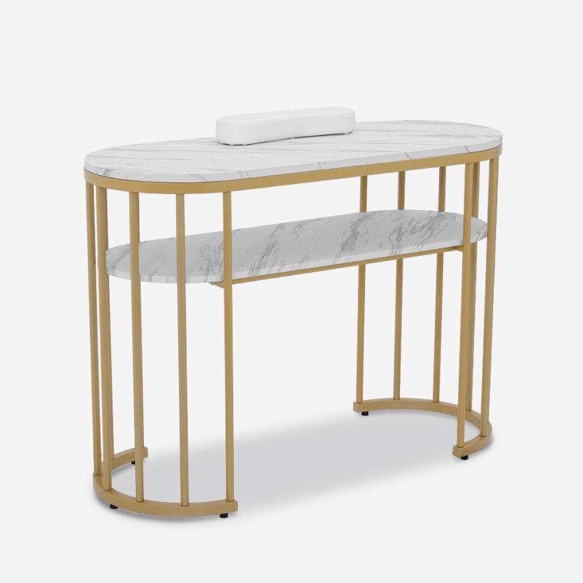 Ovale manicuretafel wit met marmer effect blad en gouden metalen onderstel 110x45x80 cm Monika Aanbieding