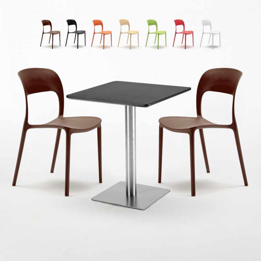 Vierkante tafel 60x60 cm Stalen onderstel en zwart top met 2 gekleurde stoelen Restaurant Pistachio Kortingen