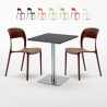 Vierkante tafel 60x60 cm Stalen onderstel en zwart top met 2 gekleurde stoelen Restaurant Pistachio Kortingen
