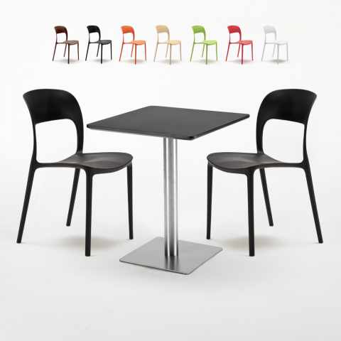 Vierkante tafel 60x60 cm Stalen onderstel en zwart top met 2 gekleurde stoelen Restaurant Pistachio Aanbieding