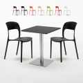 Vierkante tafel 60x60 cm Stalen onderstel en zwart top met 2 gekleurde stoelen Restaurant Pistachio Aanbieding