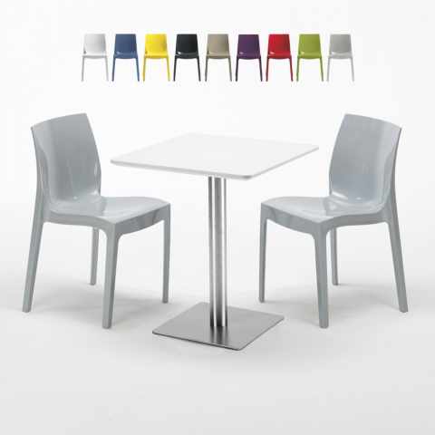 Vierkante salontafel wit 60x60 cm met stalen onderstel en 2 gekleurde stoelen Ice Hazelnut