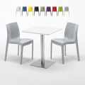 Vierkante salontafel wit 60x60 cm met stalen onderstel en 2 gekleurde stoelen Ice Hazelnut Aanbieding