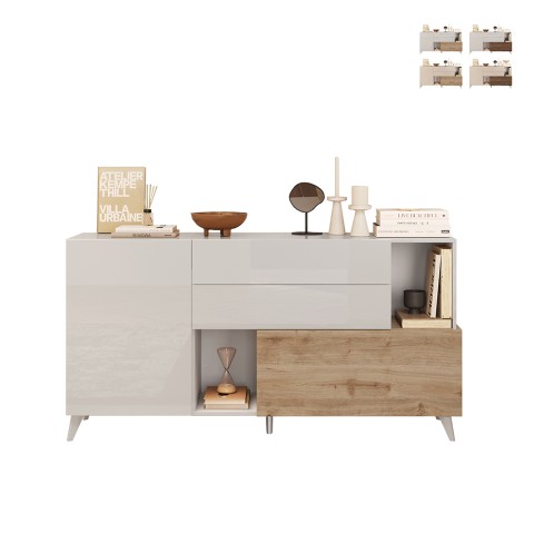 Witte houten dressoir voor keuken en woonkamer, 2 deuren, 2 laden, 181x42x94cm Kamie Aanbieding