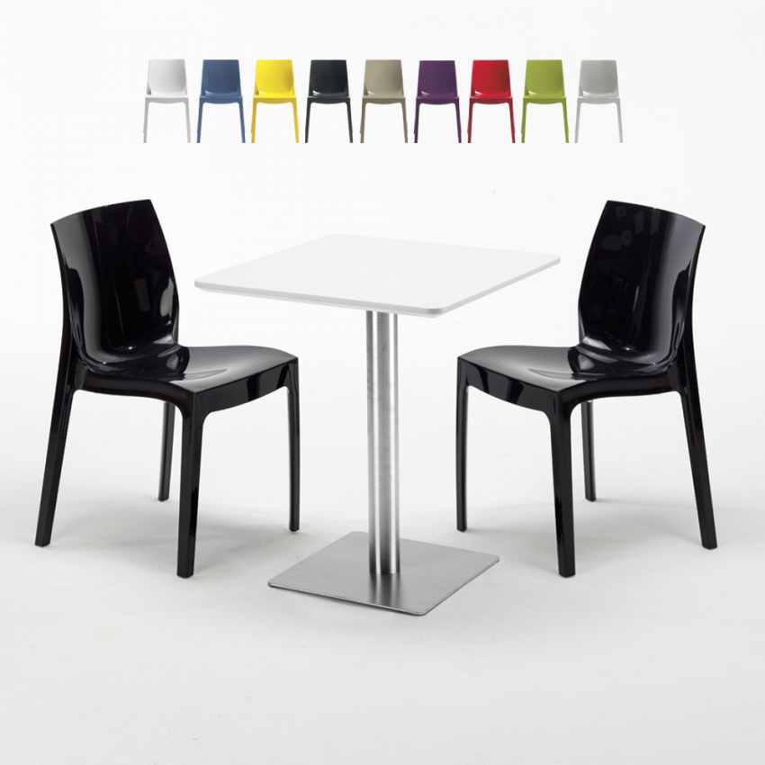 Vierkante salontafel wit 60x60 cm met stalen onderstel en 2 gekleurde stoelen Ice Hazelnut Kortingen
