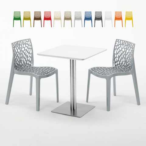 Vierkante salontafel wit 60x60 cm met stalen onderstel en 2 gekleurde stoelen Gruvyer Hazelnut