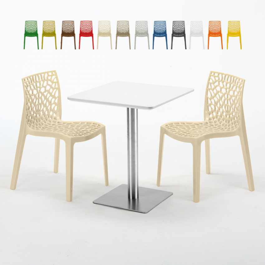 Vierkante salontafel wit 60x60 cm en 2 gekleurde stoelen Gruvyer Hazelnut Verkoop