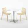Vierkante salontafel wit 60x60 cm met stalen onderstel en 2 gekleurde stoelen Gruvyer Hazelnut 