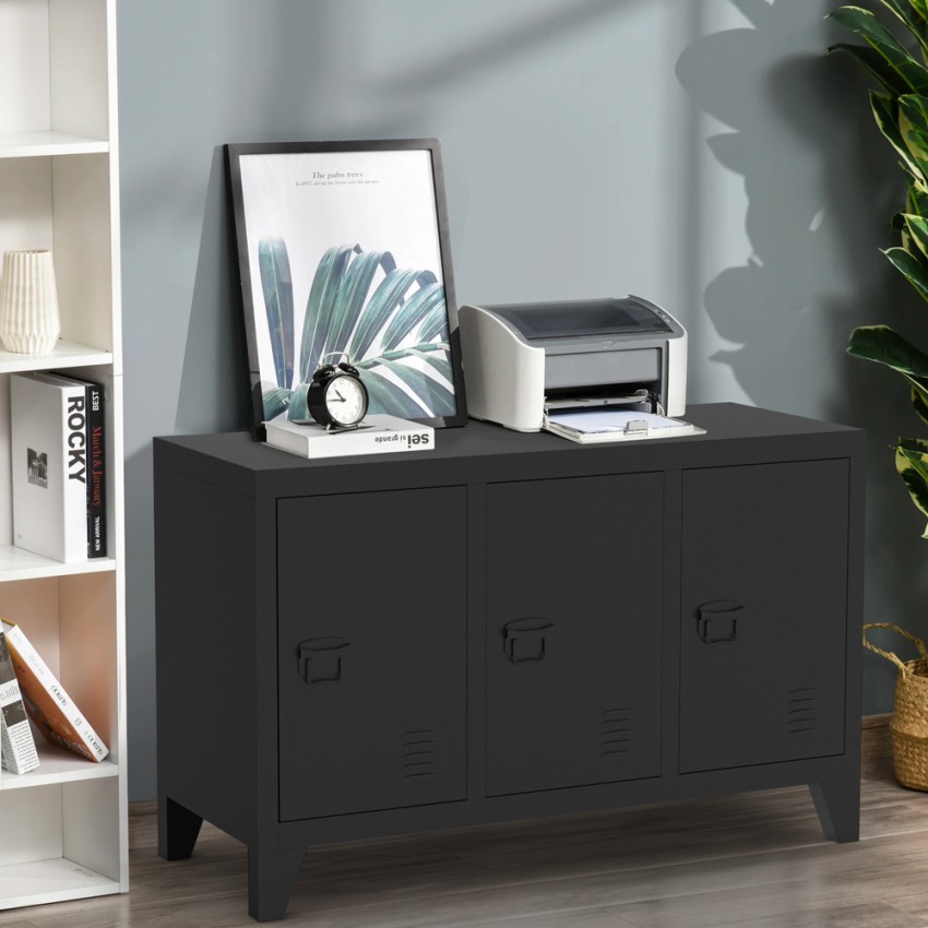 Zwart metalen dressoir TV-kast in industriële stijl met 3 deuren Yasur Aanbieding Zwart metalen dressoir TV-kast in industriële stijl met 3 deuren Yasur Aanbieding