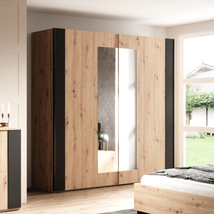 Kledingkast met 2 spiegelschuifdeuren in zwart en eikenhout 200x64x213 cm Cadoc Aanbieding Kledingkast met 2 spiegelschuifdeuren in zwart en eikenhout 200x64x213 cm Cadoc Aanbieding