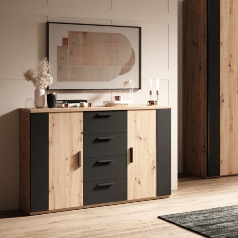 Ladekast dressoir in natuurlijk eikenhout en zwart met 2 deuren en 4 laden Gael Aanbieding