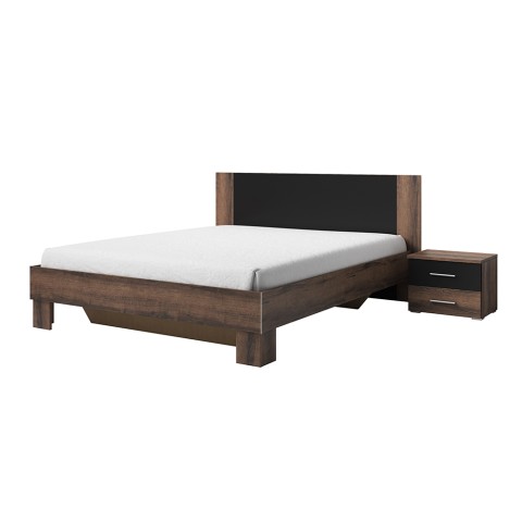 Tweepersoonsbed 160x200 cm met 2 nachtkastjes en lattenbodem in zwart en eiken Kivel Aanbieding