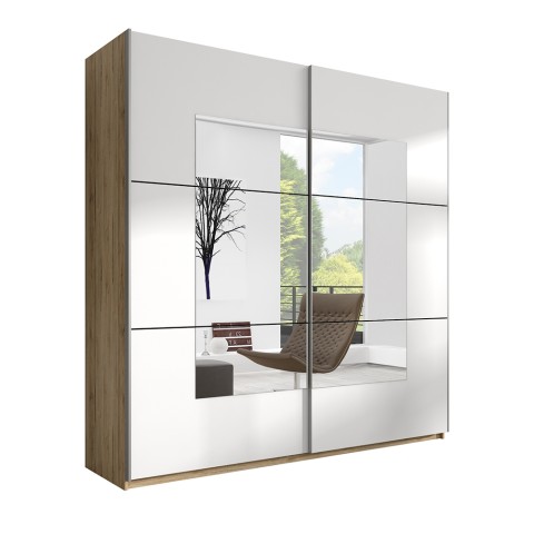Kledingkast met 2 schuifdeuren in wit en eikenhout met spiegel 180x61x210 cm Elaisa Aanbieding