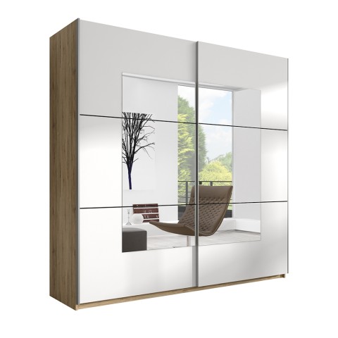Kledingkast met 2 schuifdeuren en spiegel in wit en licht eiken 200x60x210 cm Lille Aanbieding