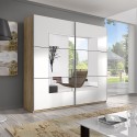 Kledingkast met 2 schuifdeuren en spiegel in wit en licht eiken 200x60x210 cm Lille Verkoop