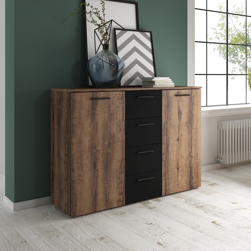 Ladenkast met 2 deuren en 4 lades in zwart en hout Ertras Aanbieding Ladenkast met 2 deuren en 4 lades in zwart en hout Ertras Aanbieding