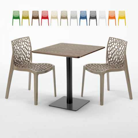 Vierkante Tafel 70x70 cm Houten Effect Top met 2 gekleurde stoelen Gruvyer Melon Aanbieding