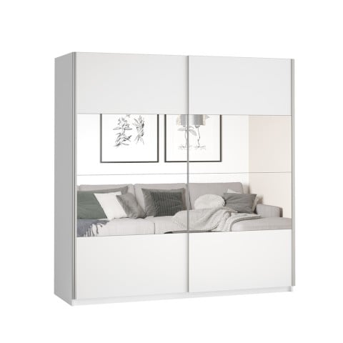 Witte kledingkast met schuifdeuren en spiegel 200x60x210 cm Mathea Aanbieding