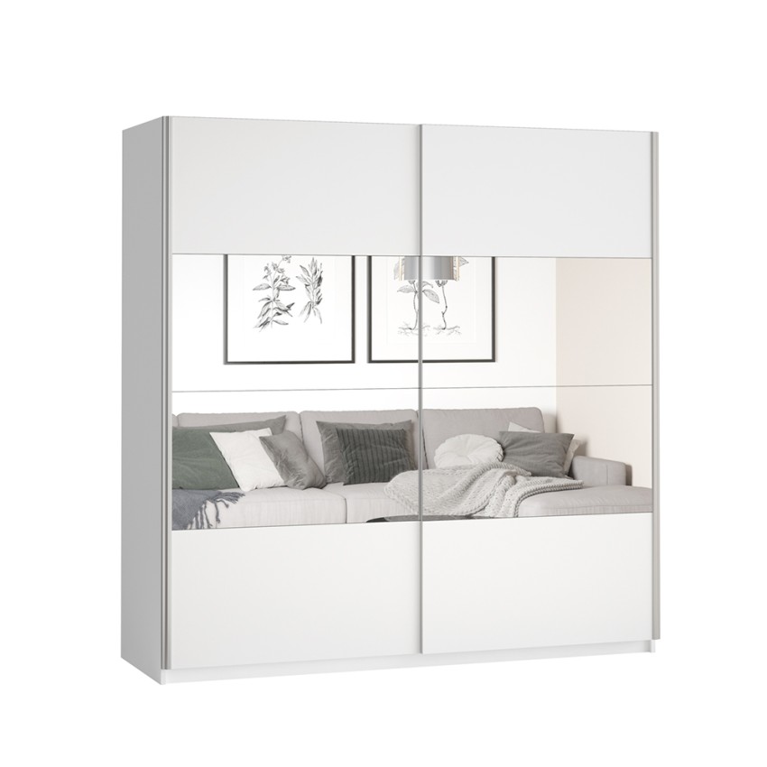 Witte kledingkast met schuifdeuren en spiegel 200x60x210 cm Mathea Aanbieding