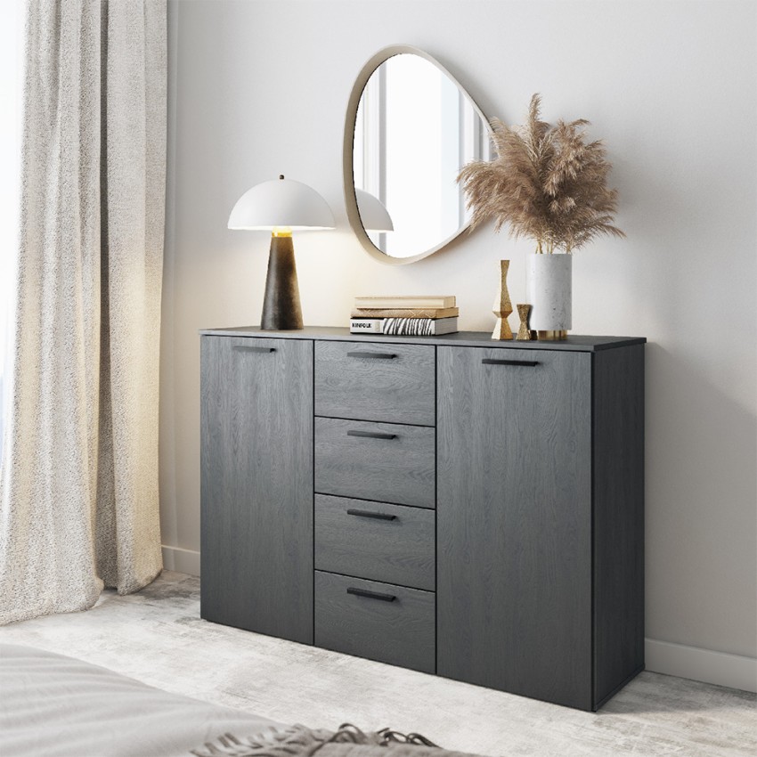 Zwarte commode ladekast met 4 lades en 2 deuren 132x38x93 cm Lyssa Aanbieding Zwarte commode ladekast met 4 lades en 2 deuren 132x38x93 cm Lyssa Aanbieding