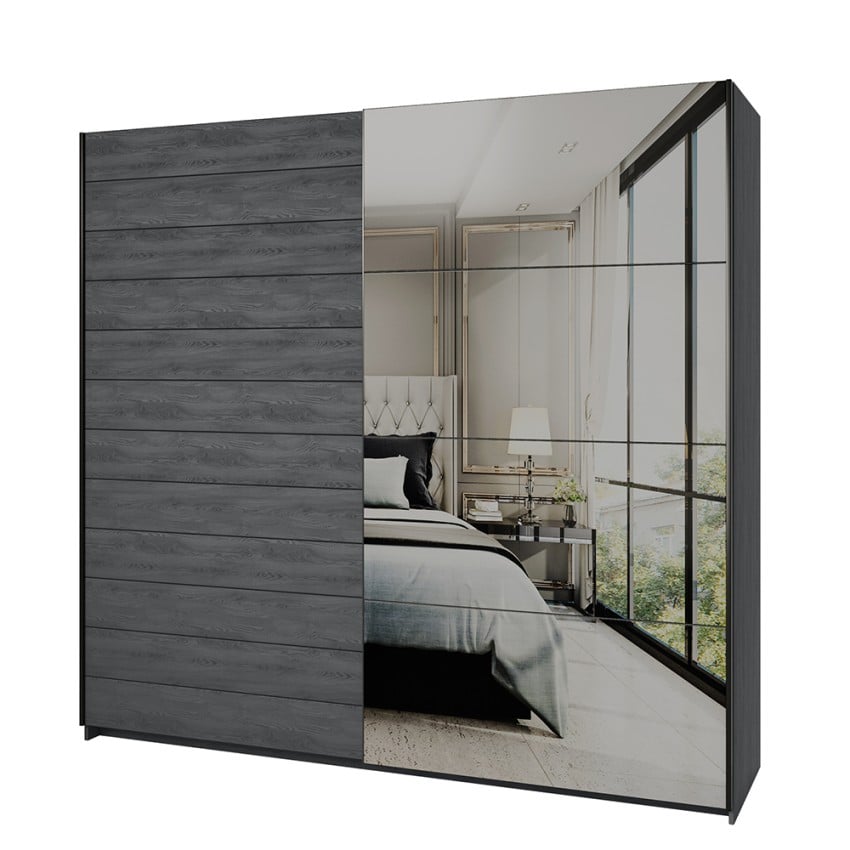 Kledingkast met schuifdeuren en spiegel 220x61x210 cm in donker eikenhout Wamin Aanbieding Kledingkast met schuifdeuren en spiegel 220x61x210 cm in donker eikenhout Wamin Aanbieding