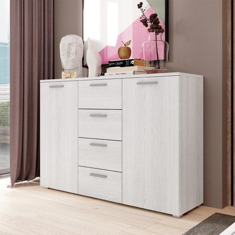Dressoir ladekast met 4 lades en 2 deuren wit hout 132x38x93 cm Lemere Aanbieding