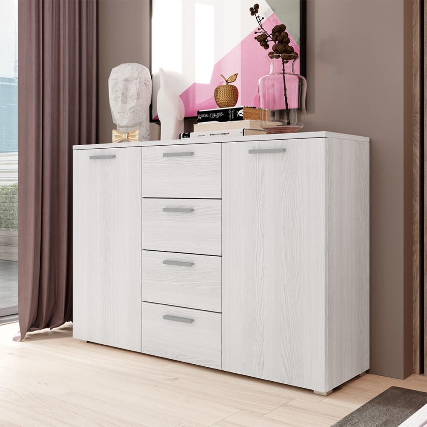 Dressoir ladekast met 4 lades en 2 deuren wit hout 132x38x93 cm Lemere Aanbieding Dressoir ladekast met 4 lades en 2 deuren wit hout 132x38x93 cm Lemere Aanbieding