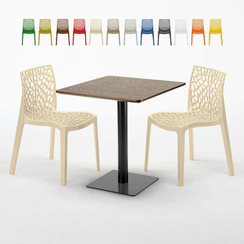 Vierkante Tafel 70x70 cm Houten Effect Top met 2 gekleurde stoelen Gruvyer Melon Aanbod