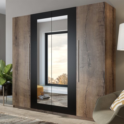 Kledingkast met 4 deuren en spiegel in donker eikenhout 228x57x214 cm Hutton Aanbieding