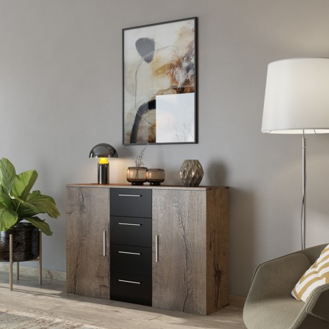 Ladekast dressoir met 2 deuren en 4 laden in zwart en donker eikenhout Cayey Aanbieding