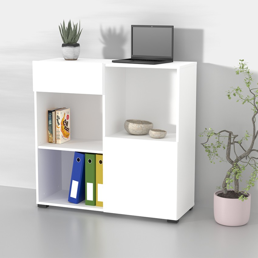 Lage boekenkast met lade, deur en 3 open vakken wit 90x35x89 cm Habren Aanbieding Lage boekenkast met lade, deur en 3 open vakken wit 90x35x89 cm Habren Aanbieding