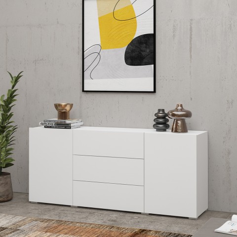 Witte moderne kast met 3 laden en 2 deuren 140x35x63 cm Mehdi Aanbieding