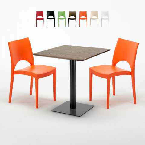 Vierkante Tafel 70x70 cm houteffect met 2 gekleurde stoelen Paris Melon Aanbieding