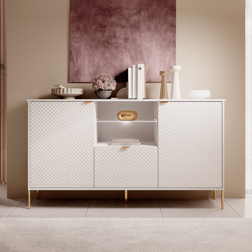 Modern wit 3-deurs dressoir met LED-verlichting voor woonkamer en keuken Sandani Aanbieding