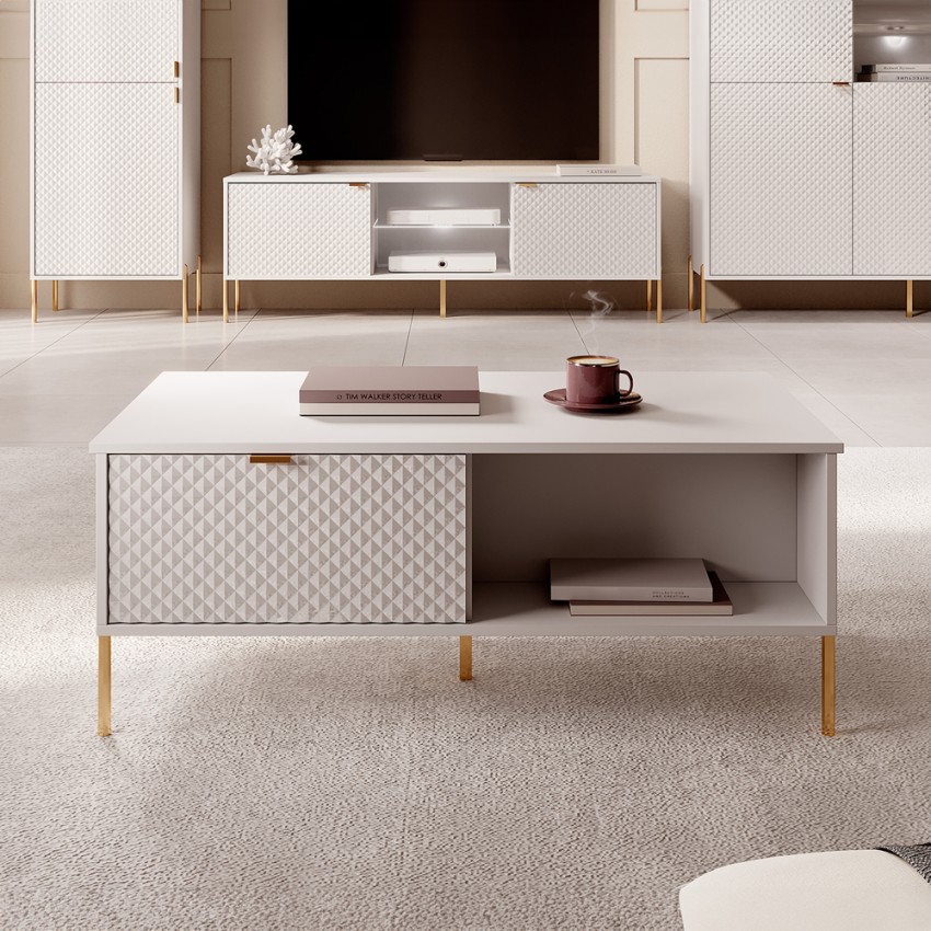 Salontafel met deurtjes en open vakken wit goudkleurig 104,1x59,6x41,6 cm Oviedo Aanbieding Salontafel met deurtjes en open vakken wit goudkleurig 104,1x59,6x41,6 cm Oviedo Aanbieding