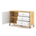 Modern eikenhouten dressoir 120 cm met witte deur en 3 witte laden Gwen Korting