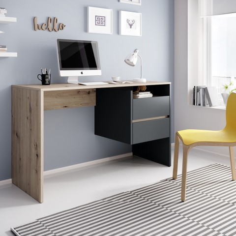 Scrittoio ufficio studio moderno nero in legno di quercia con cassettiera Aisa Aanbieding