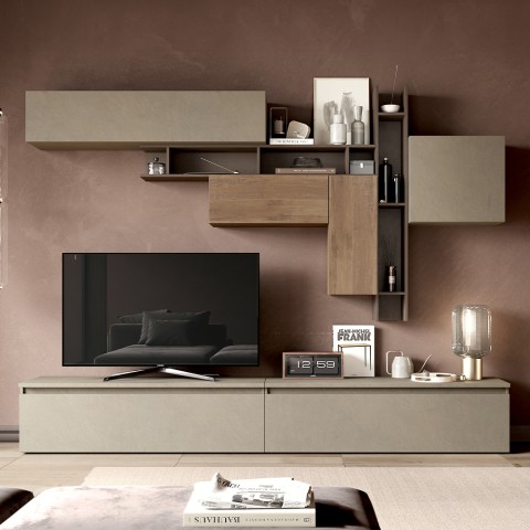 Moderne houten wandmeubel voor woonkamer met tv-meubel en boekenkast Infinity 05 Aanbieding