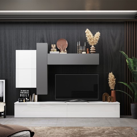 Moderne witte en grijze wandmeubelset voor woonkamer, design Infinity 07 Aanbieding