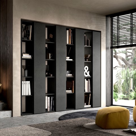 Zwarte open wandkast voor woonkamer, modern design Infinity 11 Aanbieding