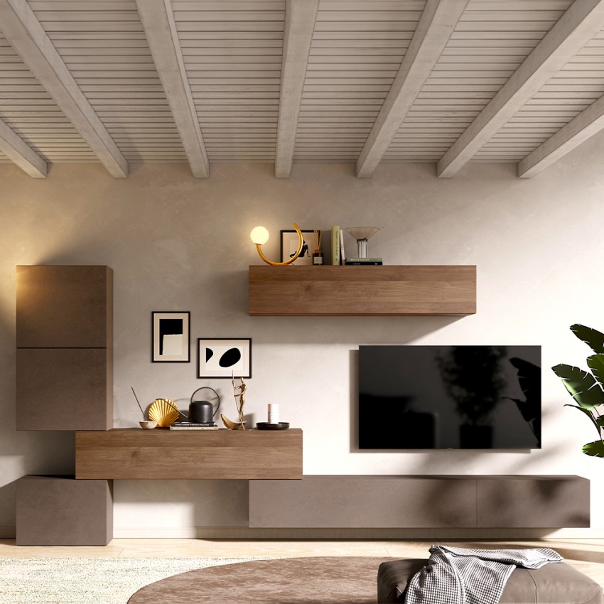 Moderne houten wandmeubel voor woonkamer met zwevende meubels Infinity 14 Aanbieding Moderne houten wandmeubel voor woonkamer met zwevende meubels Infinity 14 Aanbieding