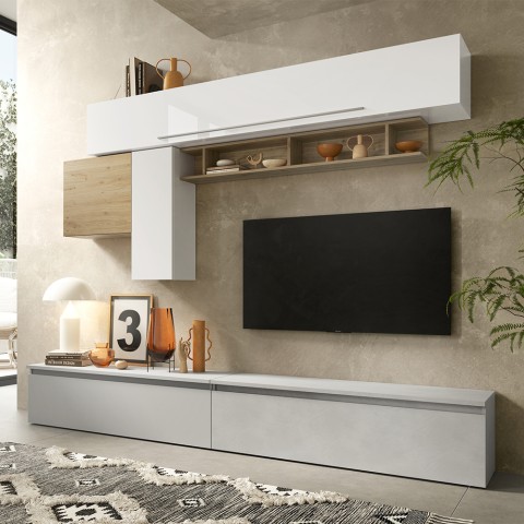 Moderne witte hoogglans tv-wandmeubel met houten plank Infinity 17 Aanbieding