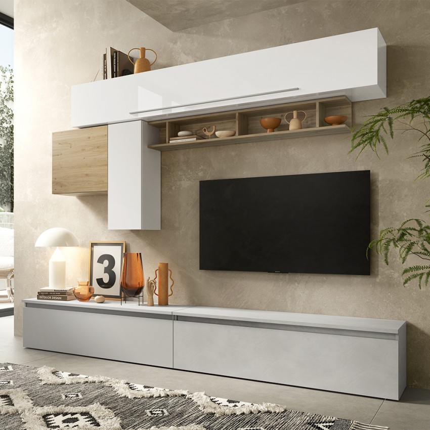 Moderne witte hoogglans tv-wandmeubel met houten plank Infinity 17 Aanbieding Moderne witte hoogglans tv-wandmeubel met houten plank Infinity 17 Aanbieding