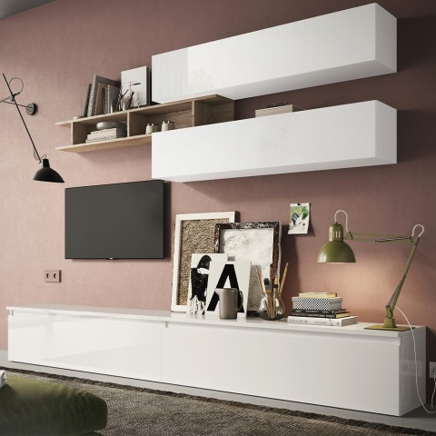 Moderne witte wandmeubelset woonkamer met tv-meubel en plank Infinity 21 Aanbieding
